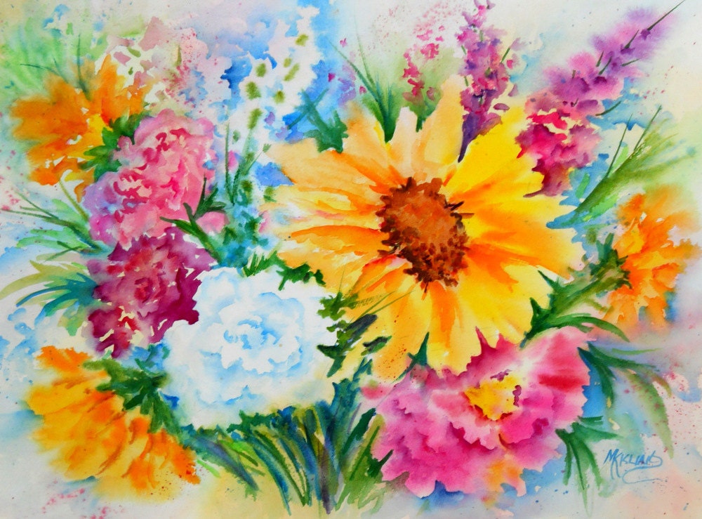 Watercolor of Colorful Flower Bouquet, Sunflower by Colorado Artist Martha Kisling - MarthaKislingArt