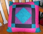 Quilted AMISH DESIGN PILLOW Cover Square-in-a-square pattern in Fuscia, Turquoise and Black