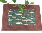 Quilted FISH CAMP Snack Mat, Candle Mat, Mug Rug in green and brown