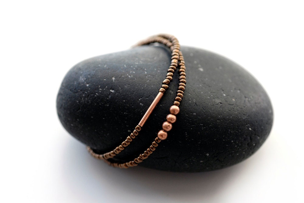 Bracelet - tiny glass beads and copper friendship unisex bracelets