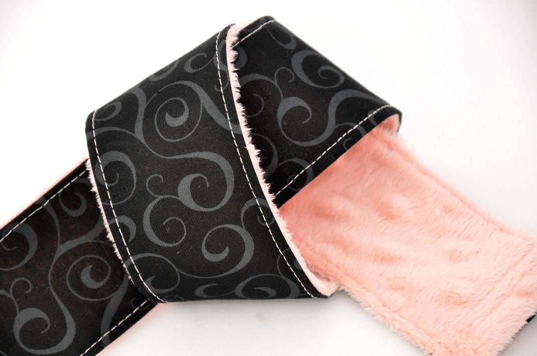 dSLR Camera Strap Cover, Black Swirl Rose Smoke Pink Minky - Spring Accessories Spring Fashion