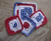 Crocheted Dishcloth, Wash Cloth, Pot Holder, Hot pads and Coasters, Red, White and Blue, 100 per cent Cotton Yarn