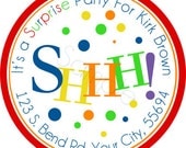 SHHH It's A Surprise Party Personalized Stickers - Party Favor Labels, Address Labels, Birthday Stickers, Envelope Seals - Choice of Size