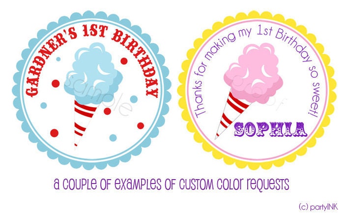Yummy Cotton Candy Personalized Stickers - Party Favor Labels, Birthday Stickers, Cotton Candy, Circus, Carnival - Choice of Size
