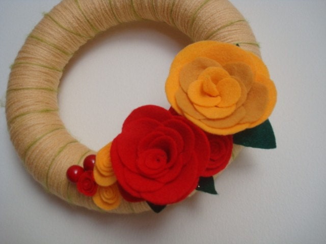 Yarn Wreath with Beautiful Red and Yellow Roses Door Decoration-10 IN WREATH-Ready to Ship