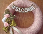 Yarn Wreath with Green, Pink and White Flowers-12 in Wreath
