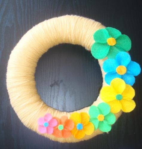 Handmade Fun Yarn Wreath- Colorful Flowers-10 in Wreath