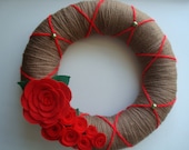 Brown Yarn Wreath With  Handmade Red Roses -12 IN Wreath-Ready to Ship