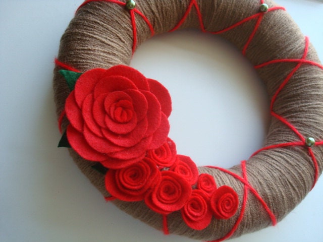 Brown Yarn Wreath With Handmade Red Roses -12 IN Wreath-Ready to Ship