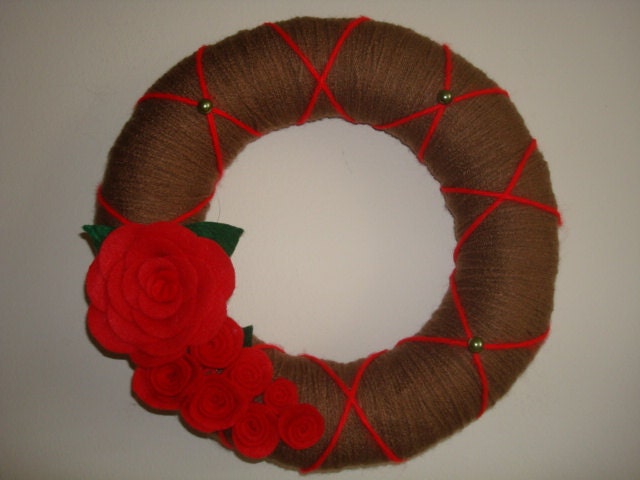 Brown Yarn Wreath With Handmade Red Roses -12 IN Wreath-Ready to Ship