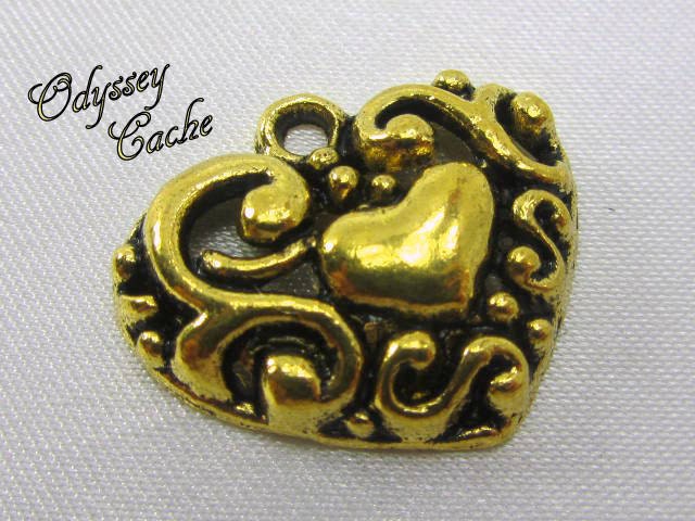 4 Gold Plated Pewter detailed Heart charms - one sided