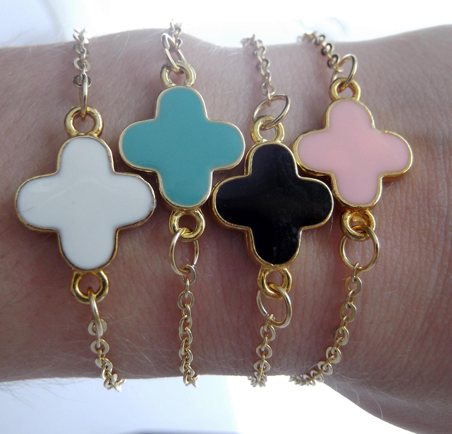 Pink Colored Clover and Gold Chain Bracelet - Cute Candy Colored Clover Chain Bracelets - Collect Them All - Stackable Chain Bracelets