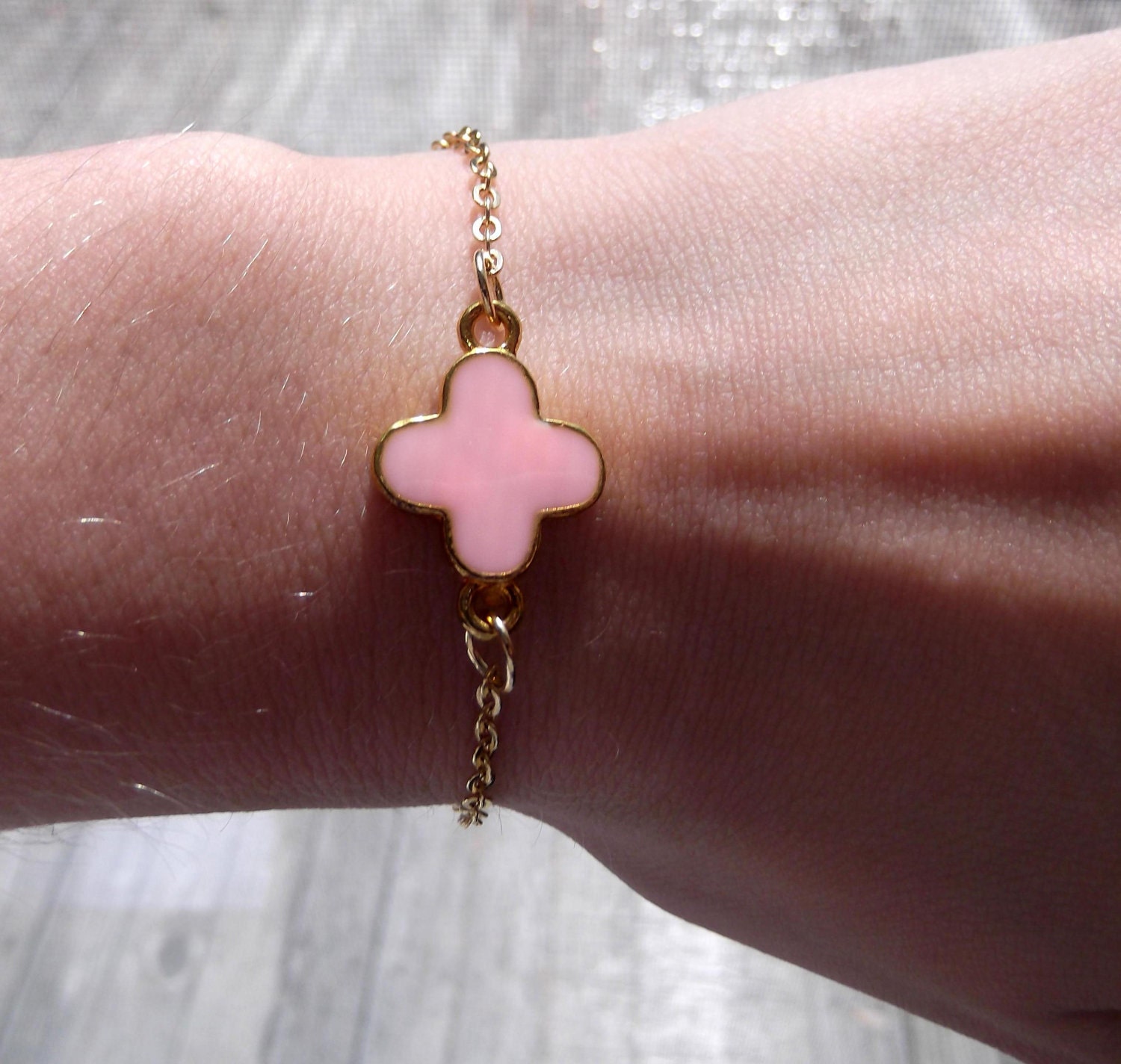 Pink Colored Clover and Gold Chain Bracelet - Cute Candy Colored Clover Chain Bracelets - Collect Them All - Stackable Chain Bracelets