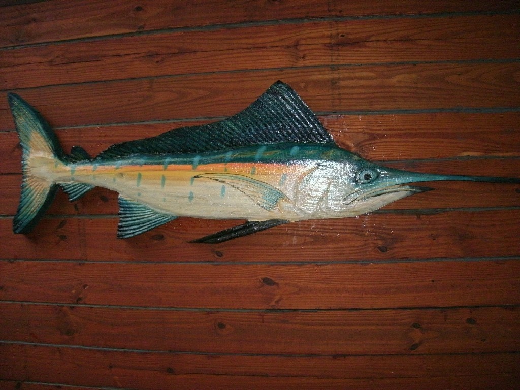 Blue Marlin 4.6 foot long x 18" wide chainsaw wood carving original Todd Lynd nautical sculpture trophy fish wall mount coastal living art