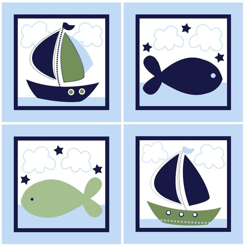 Set of 4 (Nautical/Boats/Fish) 6 x 6 inch Wood Plaques So Cute