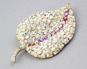 Vtg 1960s Aurora Borealis LEAF BROOCH / signed H. POMERANTZ Pave rhinestones