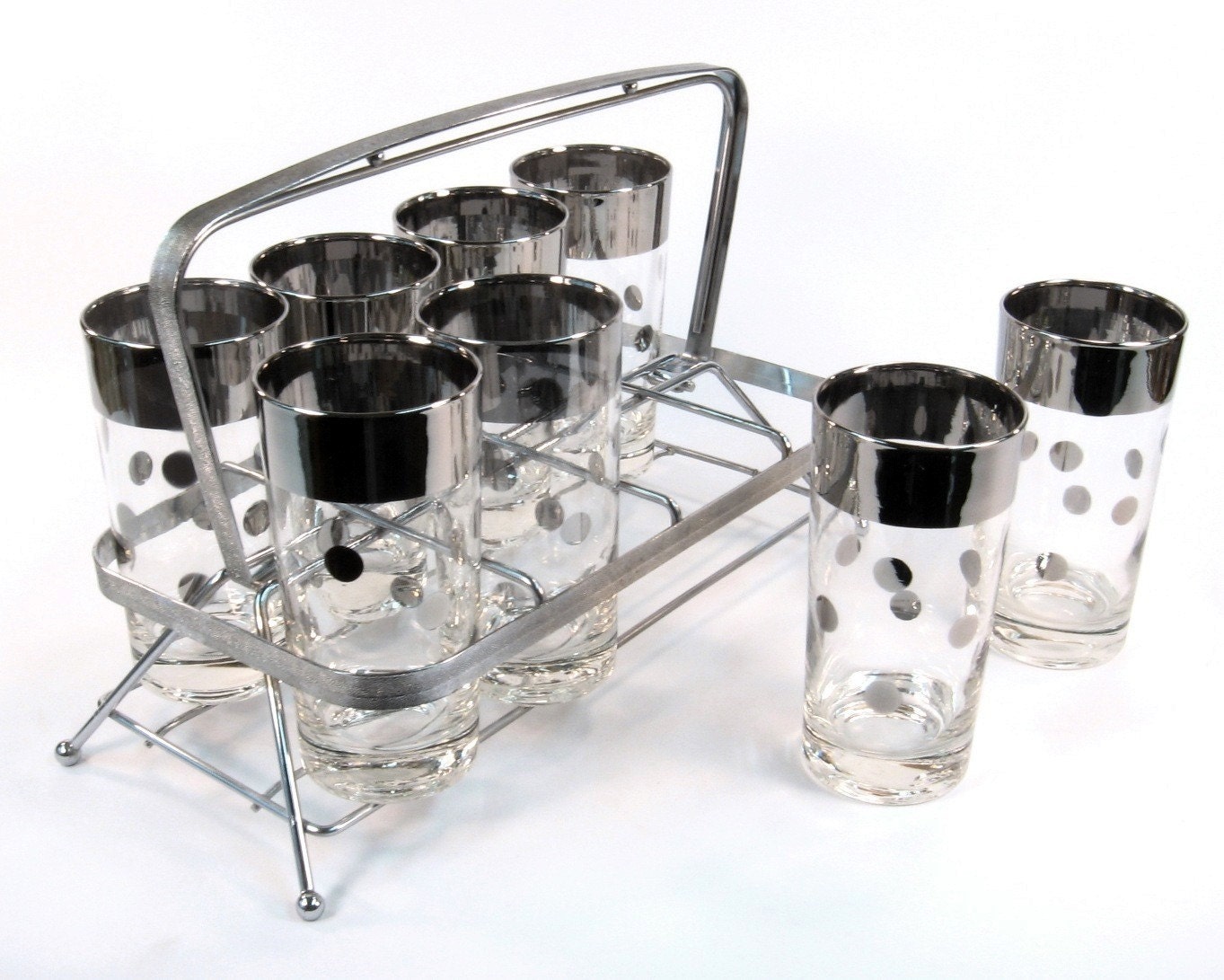 Vintage Cocktail Set / Barware Mid Century with Chrome Caddy and Polka Dots
