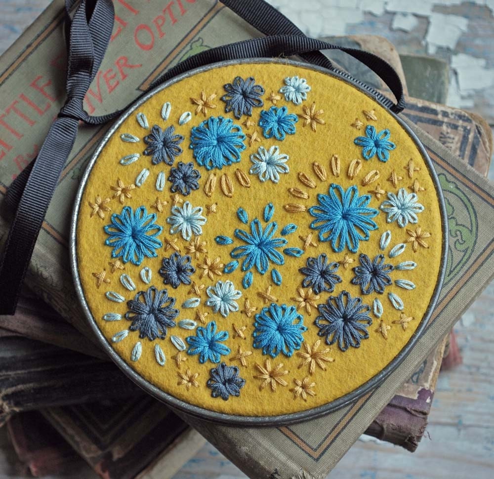 Hand Embroidered Wool Felt Hoop Art in Her Random Wanderings pattern mustard yellow turquoise pewter grey