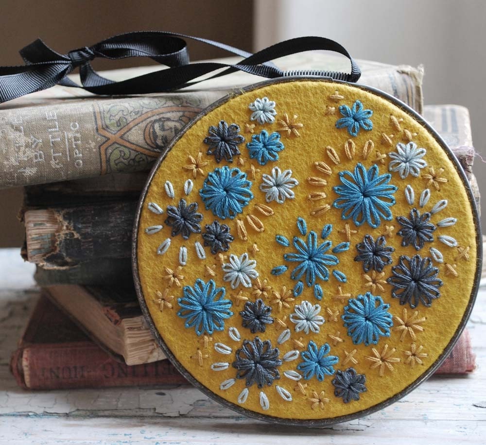Hand Embroidered Wool Felt Hoop Art in Her Random Wanderings pattern mustard yellow turquoise pewter grey