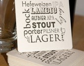 BEER types Coasters (black), Types of BEER modern design (Letterpress printed, 3.5 inches) set of 8, perfect gift for beer lover