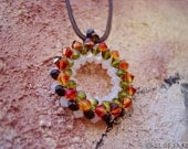 Tribal circle. Orange green swarovski  round pendant/ necklace  Fashion spring beadwork  jewelry