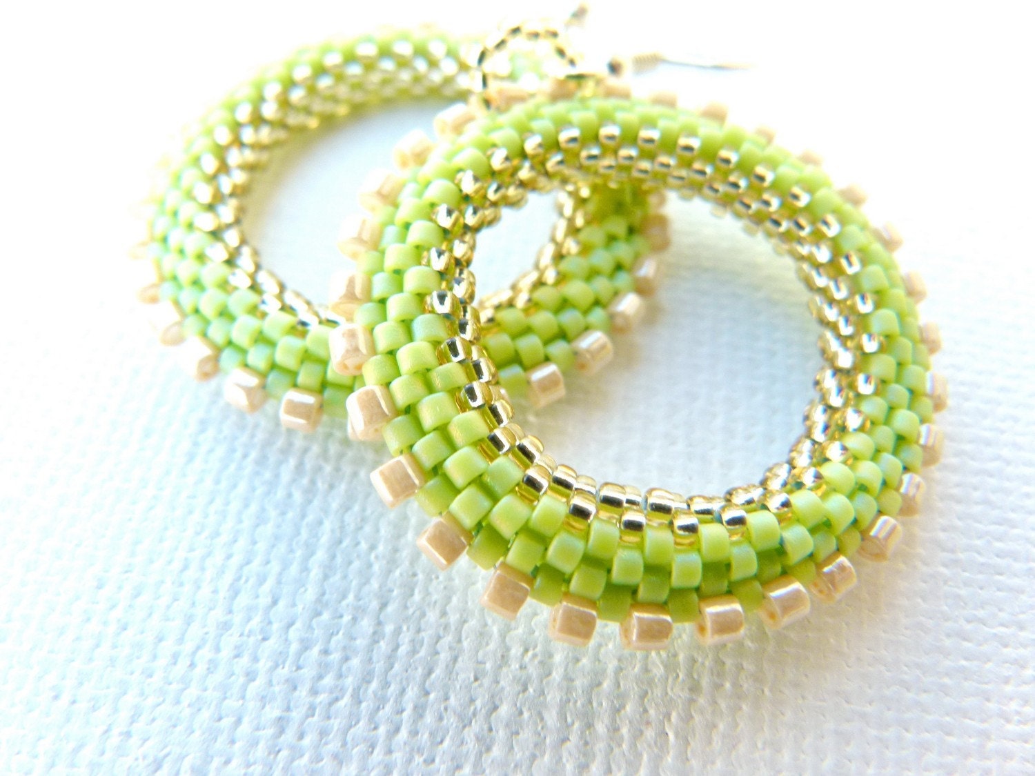 Lime green Hoop Earrings. Bead woven Light Green golden cream Pastel Spring Summer Fashion  jewelry