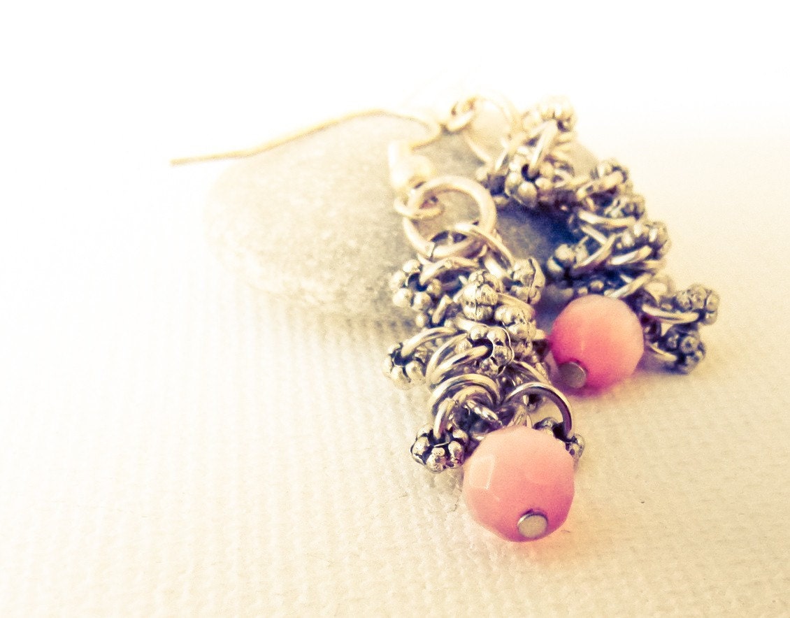 Bridesmade chandelier rose earrings Silver Flowers Cluster Rustic chic wedding prom party.