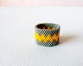 Modern geometric chevron  Custom band ring Grey yellow zig zag  Beaded fashion jewelry under 25