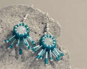 Teal  opal bead wrapped fringe dangle earrings. beaded fashion jewelry.