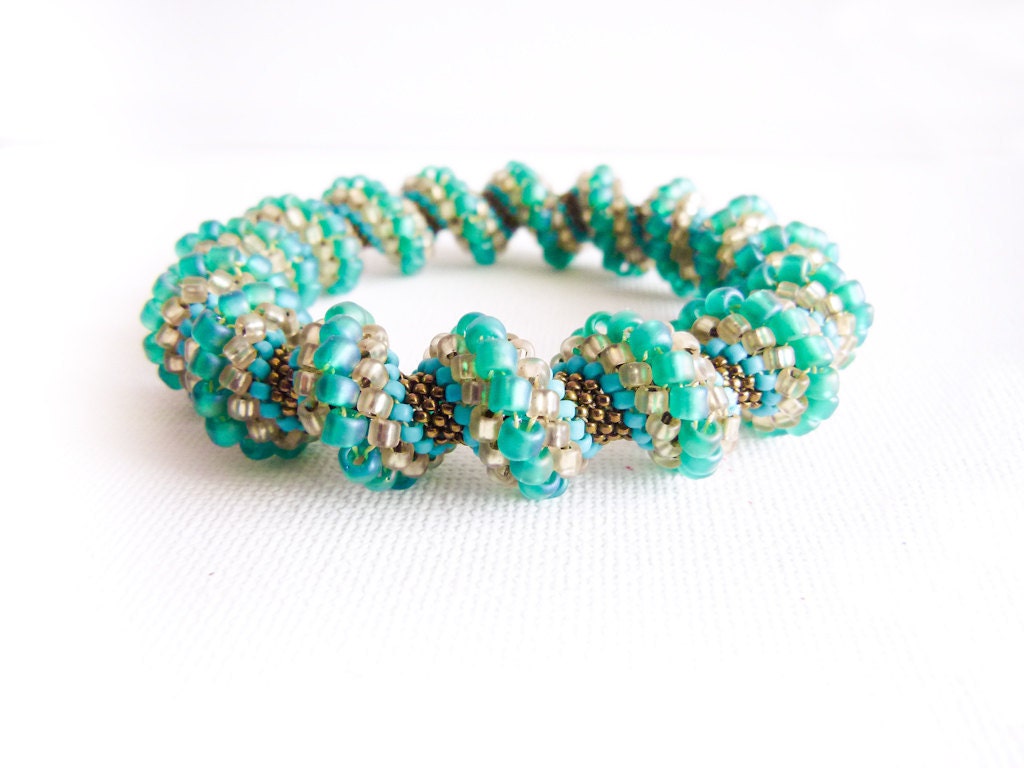 Spring teal green peach turquoise bronze Seed beads woven rope bangle bracelet  Cellini spiral stitch Fashion jewelry Made to order