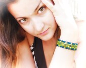 Sea green beadwork bracelet Dreamy Boho chic blue green floral bracelet. Spring Summer fashion jewelry.