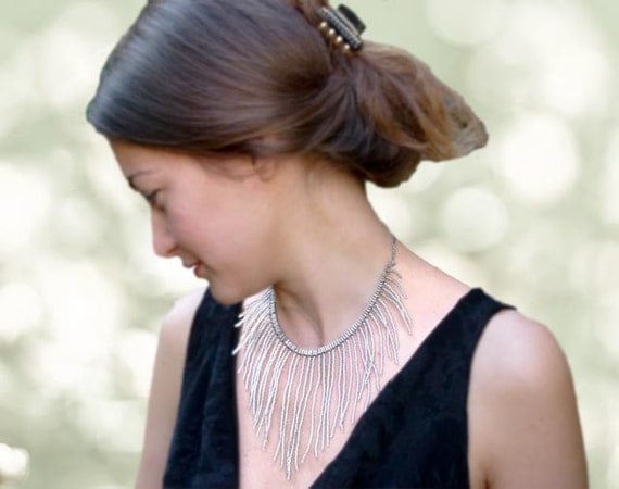 Silver threads of rain. Statement fringe collar choker necklace. Oriental Sparkling fashion jewelry. Glitter