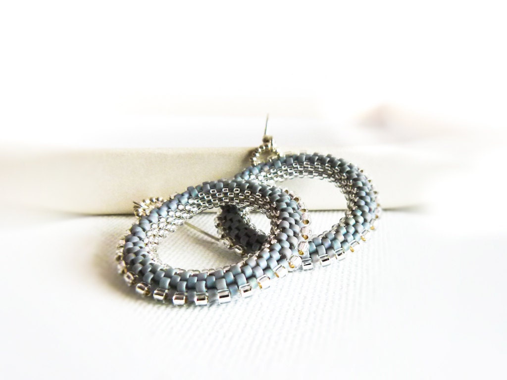 Silver rainbow gray hoop earrings Steam-punk gear shape inspired Beaded modern office fashion jewelry