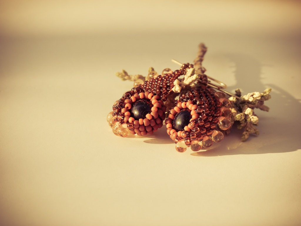 Autumn Woodland beadwork dangle earrings. Unique New Design. Orange Black Topaz .Earthy Day