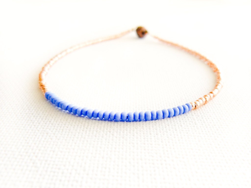 Thin beaded anklet Indigo gold tiny seed bead ankle cuff bracelet. sexy foot jewelry, color blocking,