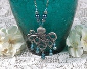 Blue Pearl and Silver Octopus Necklace