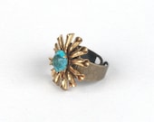 Aqua Rhinestone in Gold Flower Ring - Upcycled Vintage Earring