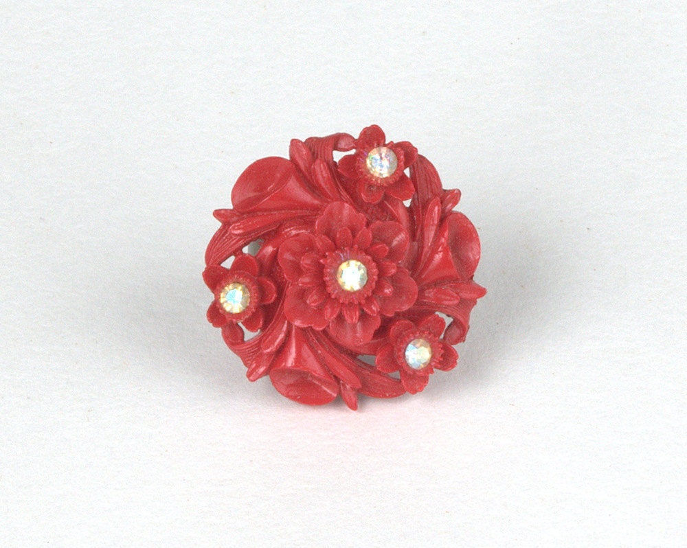 Deep Red Carved Bakelite and Rhinestone Flower Ring- Upcycled Vintage Earring