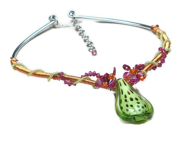 OOAK Pink Swarovski Crystal, Green Glass, Copper and Silver Wirework Necklace