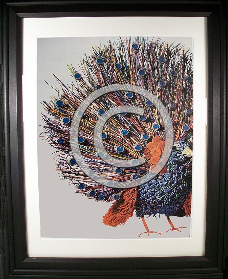 Vibrant Peacock Fashioned from Computer Parts. Signed Print of Vintage Ad Art.
