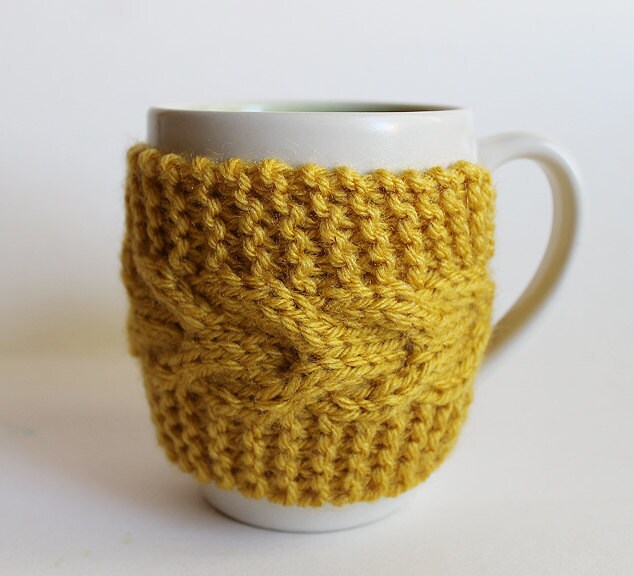Knitted Cup Cozy Mug Sleeve Yellow Mustard