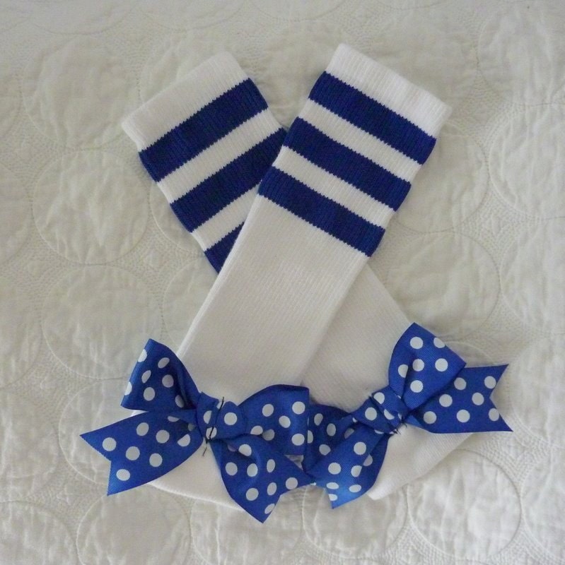 Blue and White Varsity Collection Bow Tube Sock Leg Warmers baby legs