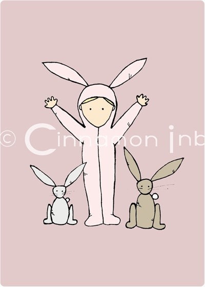 Childrens Art Print - Nursery Art Print - GIRLS Kids Room Decor - Pink Bunny- 5x7