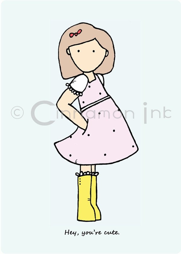 Childrens Art Print - Nursery Art Print - GIRLS Kids Room Decor - Hey You're Cute - 5x7