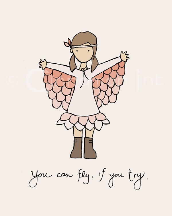 Childrens Art Print - Nursery Art Print - GIRLS Kids Room Decor - Fly if You Try - 8x10
