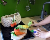 crocheted market basket, 6 small vegetables.
