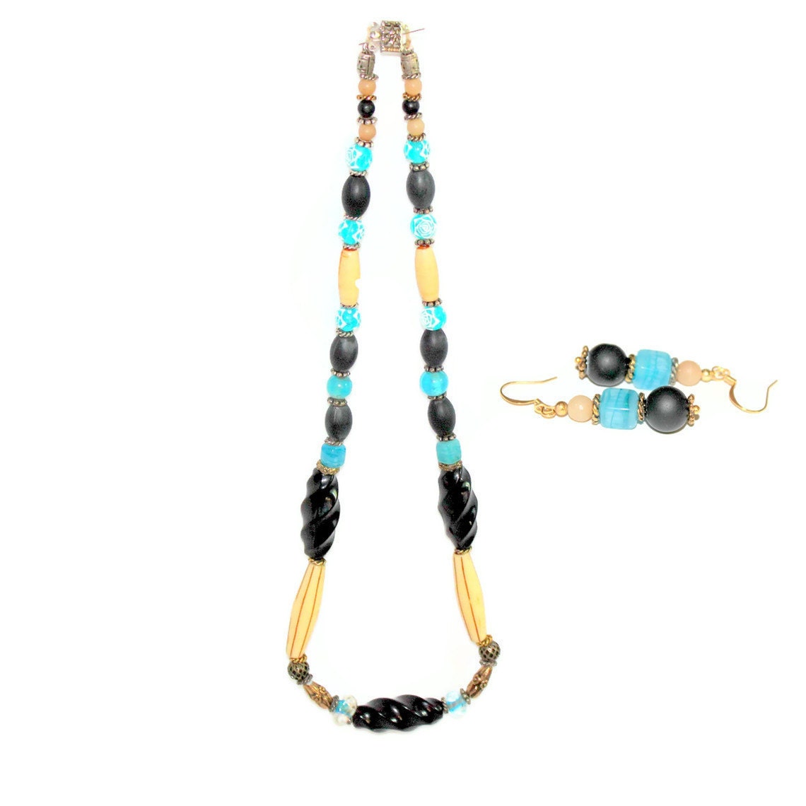 beaded necklace earring set-brown blue cream-bohemian-victorian-ethnic-gypsy