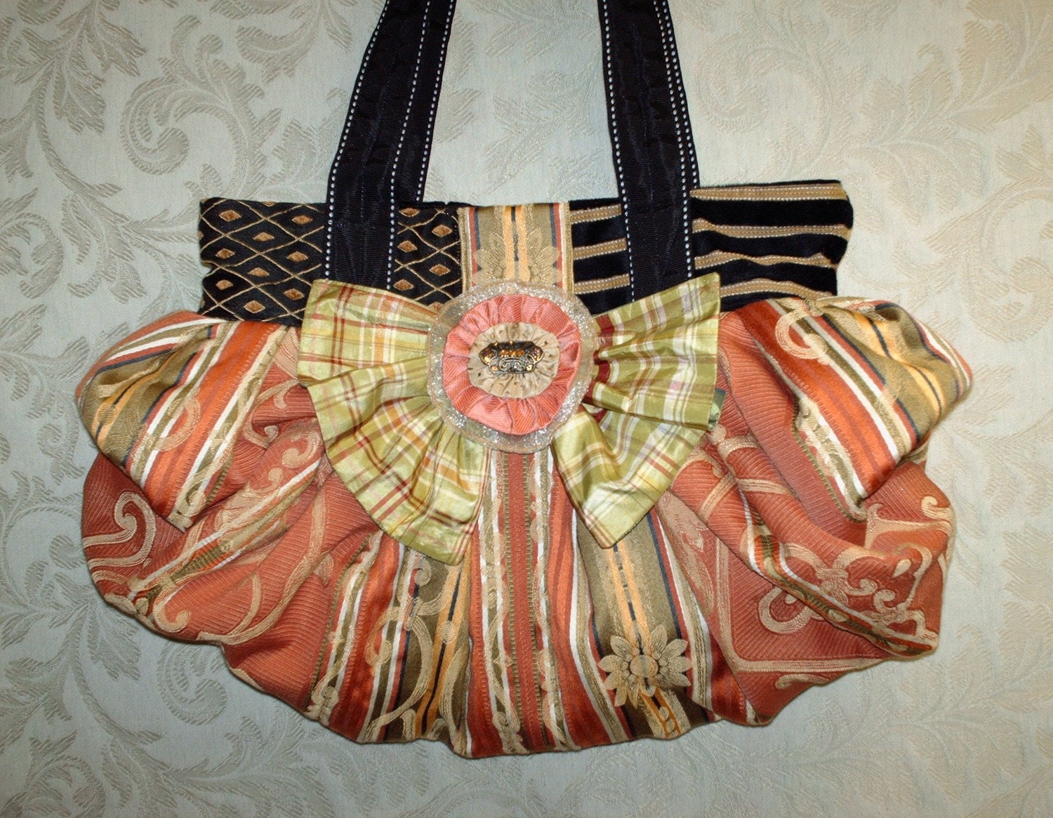Large Boho Chic Carpet Bag In Tangerine Coral Green And Black With Silk Bow And Handcrafted Removable Brooch