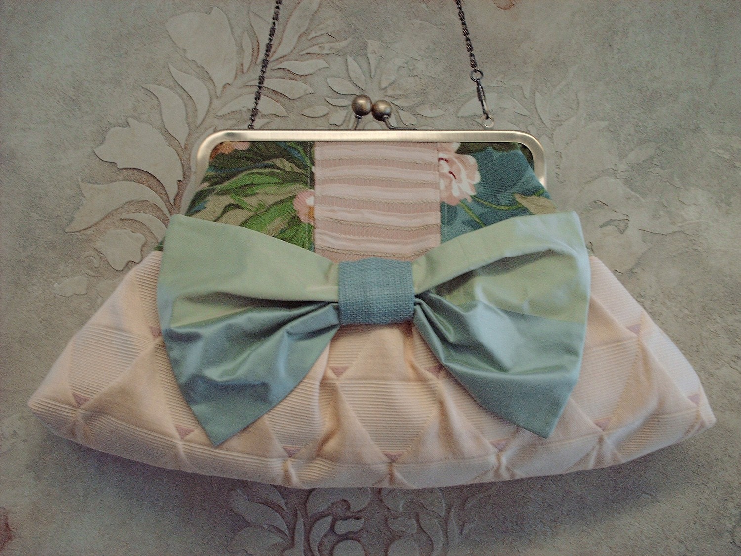 Blush Pink Clutch, Shabby Chic, Vintage Fabric, Blue Silk Bow, Weddings, Accessories, Carolynn Redwine Geer - Carolina Moon Designs