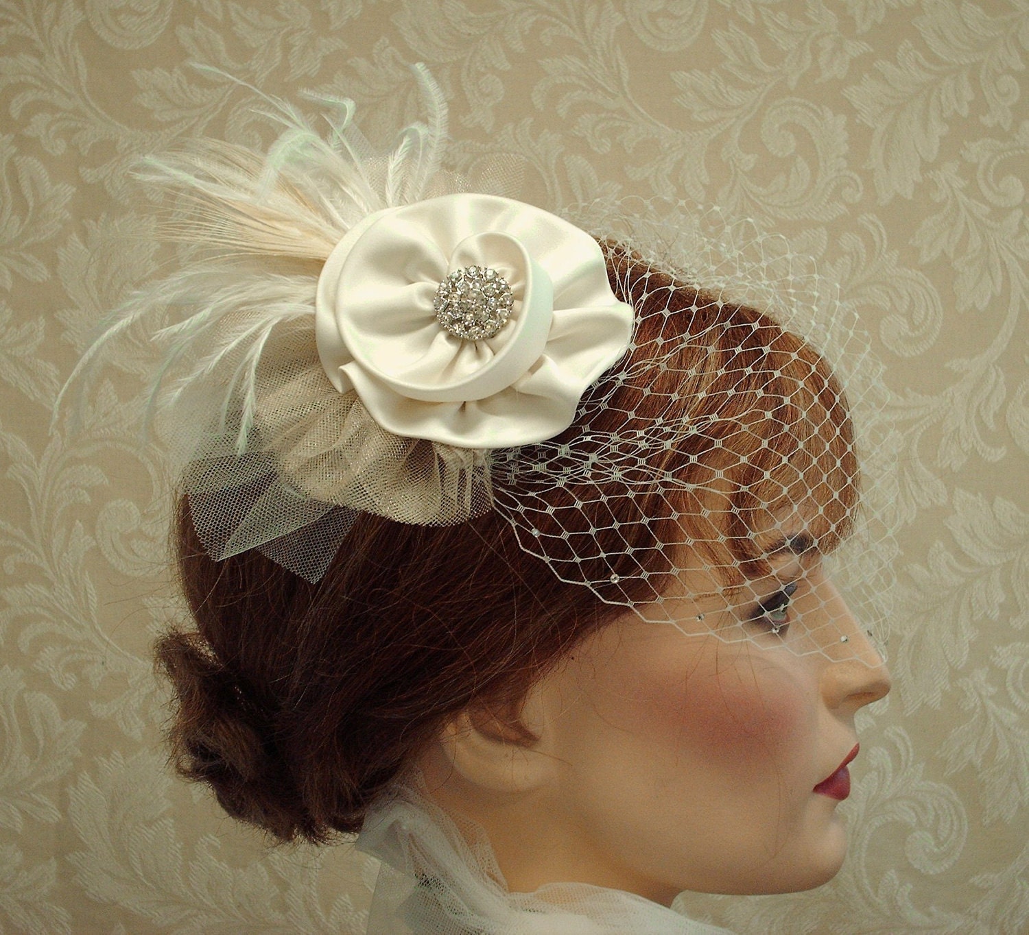 Flower Feather Hairclip Set, Weddings, Bridal Fascinator, Ivory Birdcage Veil, Retro 1920s  Carolynn Redwine Geer - Carolina Moon Designs
